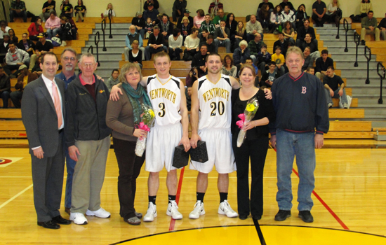 Men's basketball seniors Eric Prue (L) and Adam Dombrowski (R) were honored prior to the start of the game